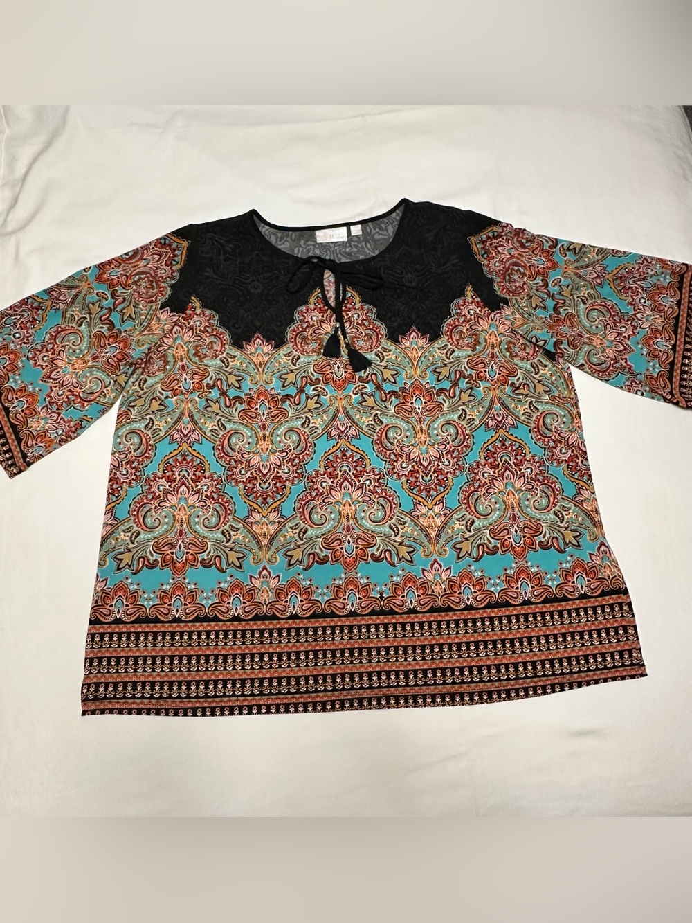 Belle by Kim Gravel Teal Paisley 3/4 sleeve Tie-Neck Tunic with Black Yoke